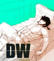 1boy armpit_hair bears black_hair closed_eyes dimension_w hand_in_pants laying_down laying_on_bed light-skinned_male mabuchi_kyouma male male_only masturbating masturbation mostly_nude muscle muscles muscular muscular_male open_mouth ponytail pov short_hair spiky_hair