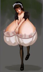 1girls 2017 black_hair black_legwear black_shoes breast_suppress degeneratepai dress embarrassed enormous_breasts female female_only hyper hyper_breasts maid maid_headdress medium_hair pantyhose shoes solo