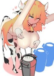 akai_haato ass bent_over blonde_hair blue_eyes blush breasts buttplug cleavage cow_ears cow_girl cow_print cow_print_bikini dismassd fake_animal_ears fake_horns hololive hololive_gen_1 hololive_japan hucow huge_breasts lactation milk milking open_mouth sex_toy tail_plug thighhighs very_long_hair virtual_youtuber