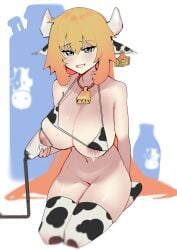 akai_haato bikini blonde_hair blue_eyes bottomless breasts collar cow_ears cow_girl cow_print cow_print_bikini cowbell dismassd fake_animal_ears fake_horns hololive hololive_gen_1 hololive_japan hucow huge_breasts kneeling lactation looking_at_viewer micro_bikini milk milking milking_machine nipples open_clothes sitting smile swimsuit thick_thighs thighhighs thighs topless very_long_hair virtual_youtuber