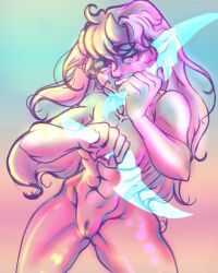 demon demon_girl knife long_hair nude nude_female pastel pastel_colors pubic_hair