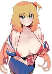 akai_haato areolae bikini blonde_hair blue_eyes breasts condom condom_box dismassd hair_ornament hololive hololive_gen_1 hololive_japan huge_breasts micro_bikini nipple_slip nipples school_uniform swimsuit undressing very_long_hair virtual_youtuber