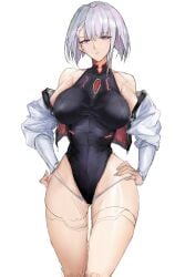 absurdres bangs bare_shoulders black_leotard breasts cd_projekt_red cyberpunk:_edgerunners cyberpunk_2077 female grey_hair highleg highleg_leotard highres jacket large_breasts leotard long_sleeves looking_at_viewer lucyna_kushinada netflix off_shoulder open_clothes open_jacket purple_eyes ritalem short_hair solo studio_trigger thighs white_background white_jacket