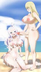 1futa 1girls areolae balls beach big_breasts big_penis blonde_hair breasts commission commissioner_upload cum cum_on_body duo ed-jim ejaculation erection fairy_tail female futa_on_female futanari holding_penis human light-skinned_futanari light_skin long_hair lucy_heartfilia masturbation mirajane_strauss naked nipples nude orgasm penis silver_hair standing whentai white_hair white_skin