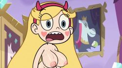 accurate_art_style areolae blonde_hair blue_eyes edit headband heart_cheeks hips huge_breasts long_hair nipples nude pink_nipples round_teeth screenshot_edit shocked star_butterfly star_vs_the_forces_of_evil troskc water_droplets wet wet_breasts