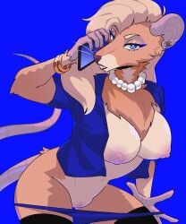 5_fingers anthro areola blonde_hair blue_background blue_clothing blue_eyeliner blue_eyes blue_panties blue_shirt blue_topwear blue_underwear bottomless breasts buckteeth chest_tuft clothed clothing clothing_pull ear_piercing female fingers fur gem genitals hair hi_res holding_object holding_phone jewelry leaning leaning_forward legwear looking_at_viewer mammal multicolored_body multicolored_fur murid murine necklace nipples open_clothing open_shirt open_topwear panties panties_down panty_pull partially_clothed pearl_(gem) pearl_necklace phone piercing pink_areola pink_nipples pussy rat rexumin rodent shirt simple_background solo stading tan_body tan_fur teeth thigh_gap thigh_highs topwear tuft two_tone_body two_tone_fur underwear underwear_down underwear_pull whiskers wristband