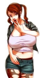 1girls 2017 brown_eyes brown_hair cardigan cleavage crop_top cunnilingus_gesture degeneratepai denim_shorts female female_only grey_cardigan huge_breasts looking_at_viewer open_mouth pantyhose shirt shorts solo tongue_out torn_pantyhose twintails unbuttoned white_shirt