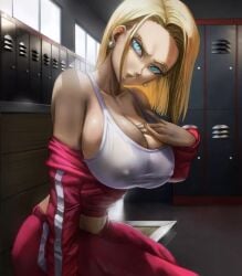 android_18 big_breasts blonde_hair blue_eyes dragon_ball dragon_ball_z ear_piercing earrings jacket track_jacket track_pants track_suit