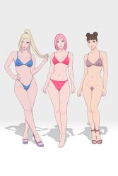 3girls almost_naked barefoot bikini blonde_hair blue_eyes blunt_bangs boruto:_naruto_next_generations bra breasts brown_eyes brown_hair c-string cleavage double_bun feet female female_only friends full_body green_eyes heels high_heels holding_hair ino_yamanaka lipstick makeup mature mature_female midriff milf mostly_nude multiple_girls naked_footwear naruto naruto_(series) parted_bangs pasties pink_hair playing_with_hair ponytail reserexerion sakura_haruno swimsuit take_your_pick tenten tied_hair twin_buns underwear