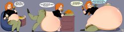 1girls belly belly_stuffing big_belly big_breasts bloated bloated_belly bowl breasts comic dialogue disney disney_channel eating empty_bowls english_text fat fat_woman female female_only food huge_belly kim_possible kimberly_ann_possible large_breasts orange_hair sequence solo spicypaw stuffed stuffed_belly stuffing text