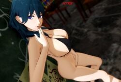 1girls 3d alternate_costume big_breasts bikini bikini_top black_bikini black_bikini_top blue_eyes bottomless bottomless_female byleth_(fire_emblem) byleth_(fire_emblem)_(female) fire_emblem fire_emblem:_three_houses htr18 indecent_exposure indoors looking_at_viewer masturbation naughty_face navel nintendo public public_exposure seductive seductive_look smile solo solo_female swimsuit teal_hair