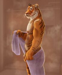 2017 abs anthro ball_tuft balls bathroom blurred_background felid flaccid foreskin fur genitals hi_res humanoid_genitalia inside looking_at_viewer male male_only mammal muscular nipples nude pantherine pecs penis presenting pubes satanic_monkey shower solo standing steam tiger towel tuft