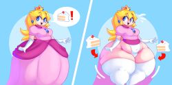 1girls big_thighs blue_eyes cake chubby crown dress fat female flying_sweatdrops food looking_at_viewer mario_(series) mysterydad open_mouth panties pink_dress princess_peach solo thick_thighs yellow_hair