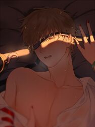 1boy 1girls blindfold breath brown_hair faceless_female female_on_top female_pov femdom gintama kagura_(gintama) looking_at_viewer male male_focus malesub maosen off_shoulder okita_sougo on_back on_bed open_shirt red_eyes red_nails sweatdrop upper_body