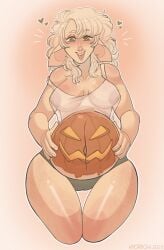 <3_eyes 1girls belly big_ears blonde_female blonde_hair elf elf_ears elf_female exposed_belly freckles heart_eyes hi_res holding_belly kyoriichi looking_down nipples pointy_ears pregnant pregnant_belly pregnant_female pumpkin pumpkin_(kyoriichi) pumpkin_belly see-through_clothing sheer_clothing small_breasts solo solo_female topwear underwear