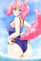 1girls ale_131 animal_tail anime_onegai bikini clouds day dengeki_onegai horns latam_virtual_youtuber looking_back lowres nina_amaki ocean one-piece_swimsuit pink_hair pink_nails rabbit_ears swimsuit virtual_youtuber water wet wet_body