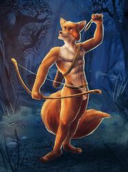 2017 abs animal_genitalia anthro arrow_(weapon) athletic balls belt bow_(weapon) canid canine disney flaccid forest fox genitals hi_res looking_aside male male_only mammal mouth_closed neck_tuft nude outside pecs penis plant pubes quiver ranged_weapon robin_hood_(character) robin_hood_(disney) satanic_monkey solo standing tree tuft weapon