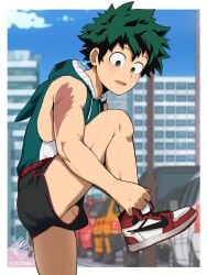 0027woo 1boy 2020s 2022 anime balls building car detailed_background dolphin_shorts freeballing green_eyes green_hair hero human in_public izuku_midoriya light-skinned_male light_skin male male_only manga metahuman multicolored_footwear my_hero_academia no_underwear one_leg_raised outdoors penis penis_peek penis_visible_through_pants shoes short_hair shorts side_slit side_view sneakers solo solo_male standing street teenage_boy teenager two_tone_bottomwear two_tone_bottomwear_(blackandred) tying_shoes upshorts wardrobe_malfunction watermark