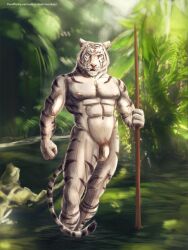 2018 3:4 abs anthro balls creek felid fist flaccid foreskin fur genitals hi_res holding_object holding_spear holding_weapon humanoid_genitalia jungle looking_at_viewer male male_only mammal melee_weapon muscular navel nipples nude open_mouth outside pantherine partially_submerged pecs penis polearm pubes river satanic_monkey solo spear text tiger tribal url weapon white_body white_fur