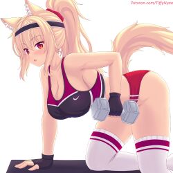 1girls 2022 :o animal_ears black_gloves blonde_hair blush breasts cat_ears cat_tail catgirl company_logo dumbbell ear_fluff eyebrows_visible_through_hair female fingerless_gloves fit fit_female hairband headband hips holding_object huge_breasts kemonomimi legwear lifting_weights light-skinned_female light_skin long_hair long_tail looking_at_viewer nike no_shoes red_eyes slim_waist sports_bra sportswear striped_legwear tail thick_thighs thighhighs thighs tiffy tiffynyaa white_legwear wide_hips working_out