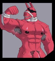 2022 abs adamlord anthro areola armpit_hair biceps body_hair camelid digital_media_(artwork) epic_games eye_patch eyewear flexing flexing_bicep fortnite fur genitals hi_res llama lt._john_llama male male_only mammal muscular muscular_anthro muscular_male musk nipples nude pecs penis pink_body pink_fur pinup pose pubes solo teeth video_games