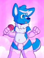 3:4 anthro armwear balls band-aid band-aid_on_nose bandage candy canid canine canis clothed clothing dessert food fur genitals girly hi_res legwear lollipop male mammal solo stockings thigh_highs tongue wolf wolfyzeeb zeeb_wolfy