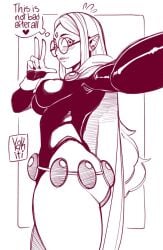 1girls blush_lines cape cosplay dc disney disney_channel female glasses lilith_clawthorne long_hair long_sleeves looking_at_viewer monochrome peace_sign pin_up pointy_ears raven_(cosplay) round_butt selfie smooth_skin the_owl_house thick_thighs thought_bubble yakiti