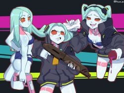 1girls ass body_markings breasts butt cybernetics cyberpunk:_edgerunners cyberpunk_2077 cyborg eye_contact female female_only firearm green_eyes handgun human hyyun long_hair looking_at_viewer multiple_views pale_skin rebecca_(edgerunners) red_sclera shotgun small_breasts standing thick_thighs thighs twintails weapon