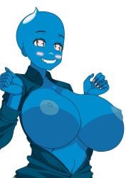 bared_breasts blue_skin blush boku_no_hajimete_wa_bitch_gal bonkdrupal drupal druplicon erect_nipples female grin heart-shaped_pupils huge_breasts mascot open_clothes solo transparent_background