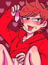 1boy ahe_gao condom condom_filling cum eddsworld gay male red_hoodie tongue_out tord tord_(eddsworld)