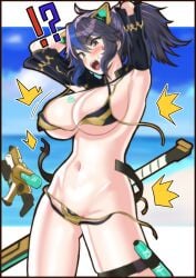 !? ?! arms_above_head beach bikini bikini_malfunction black_hair blue_hair blush breasts cat_ears fake_animal_ears kson_onair large_breasts midriff multicolored_hair namae_wo_irae open_mouth outdoors ponytail surprised swimsuit two-tone_hair virtual_youtuber vshojo wardrobe_malfunction