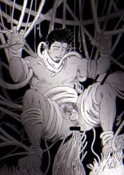 1boy anal anal_hair bar_censor blush body_hair facial_hair full_body gintama goatee hairy hi_res kondou_isao legs_held_open male male_only male_pubic_hair monochrome nipple_play nipple_stimulation nude penis solo_focus spread_legs tendrils tentacle tentacle tentacle_grab tentacle_on_male tentacle_penetration tentacle_sex tentaclejob