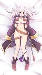 1girls absurdres alternate_costume alternate_eye_color ass_visible_through_thighs belt bikini black_eyes blush breasts brown_gloves collarbone commission cute dakimakura_(medium) dakimakura_design female female_only fire_emblem fire_emblem_awakening fire_emblem_heroes fizintine gloves highres large_breasts looking_at_viewer lying navel nintendo nipples o-ring o-ring_bikini o-ring_top official_alternate_costume on_back parted_lips purple_bikini revision robin_(female)_(summer)_(fire_emblem) robin_(fire_emblem) robin_(fire_emblem)_(female) smile solo swimsuit tan tanlines twintails white_hair