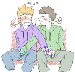 2boys brown_hair censored edd_(eddsworld) eddsworld gay ginger green_hoodie hands_on_penis hearts hoodie male_only masturbation matt_(eddsworld) mattedd mutual_masturbation orange_hair penis purple_hoodie sketch tagme