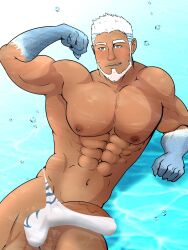 aegir_(tokyo_afterschool_summoners) balls bara beard big_balls big_penis boner color cummytomato erection erection_under_clothes facial_hair flexing gay male male_only muscles muscular penis solo solo_male speedo tokyo_afterschool_summoners