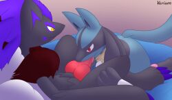 animal_genitalia animal_penis ass bed bedroom_eyes big_knot big_penis blue_body blue_fur canid canine canine_penis canis digital_media_(artwork) duo erection fellatio fur furniture generation_4_pokemon generation_5_pokemon genitals hair hi_res knot lucario male male/male male_penetrating mammal narrowed_eyes nintendo oral oral_penetration penetration penile penis pokemon pokemon_(species) seductive sex simple_background smile tongue varium video_games zoroark