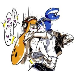 animal_humanoid anthro blue_hair blue_inkling_boy cephalopod cephalopod_humanoid donut_(zozazero) humanoid inkling inkling_boy inkling_girl john_(splatoon) kaori_(splatoon) light_skin mask_(marking) nintendo orange_hair orange_inkling_girl pointy_ears pseudo_hair pudding_(zozazero) small_breasts splatoon splatoon_(series) squid tentacle tentacle_hair zozazero