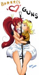 2girls big_breasts blonde_hair breasts diaper diapered_lovers female hellsing kissing nani-works red_hair rifle seras_victoria tengen_toppa_gurren_lagann yoko_littner yuri