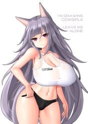 absurd_res animal_humanoid big_breasts breasts cleavage clothed clothing english_text female hair hi_res huge_breasts humanoid kaedeno_yuu long_hair panties solo text underwear