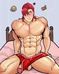 balls bara big_balls big_penis blush bulge cummytomato fate/grand_order fate_(series) gay male male_only mori_nagayoshi_(fate) muscles muscular penis solo solo_male spread_legs underwear