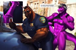 16:9 2022 abs animal_genitalia animal_penis anthro badge balls bottomless car clothed clothing dragon dream_and_nightmare duo equid equine equine_penis genitals hi_res horse hot_dogging male male/male mammal muscular muscular_male officer_munroe pecs penis police_officer police_uniform purple_body uniform vehicle widescreen