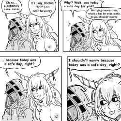 1boy absurdres arknights bb_(baalbuddy) breasts cloak doctor_(arknights) english_text female forced_parenthood greyscale helmet highres hood hooded_cloak horns impregnation_risk large_breasts monochrome nude pointy_ears shining_(arknights) simple_background speech_bubble white_background yandere