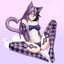 animal_hands breasts cat_ears cat_tail cheshire_cat_(monster_girl_encyclopedia) ekkonus gris_swimsuit looking_at_viewer monster_girl monster_girl_encyclopedia no_penetration purple_hair see-through see-through_clothing solo solo_female