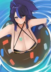 beach bikini black_hair blue_hair blush breasts cleavage dismassd huge_breasts inner_tube kson_onair looking_at_viewer mole multicolored_hair outdoors ponytail smile swimsuit tattoo two-tone_hair virtual_youtuber vshojo