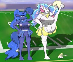 2023 accessory anthro anthrofied big_breasts blue_body blue_eyes blue_hair bow_ribbon breasts cheerleader_outfit clothing duo equid equine football_field friendship_is_magic genitals hair hair_accessory hair_ribbon hairbow hand_on_hip hasbro hi_res hooves horn ineffective_clothing mammal multicolored_hair my_little_pony navel nipples on_one_leg open_mouth open_smile outside pom_poms ponytail princess_celestia_(mlp) princess_luna_(mlp) purple_eyes pussy raised_leg ribbons sailoranna smile standing underhoof unguligrade_anthro unicorn white_body