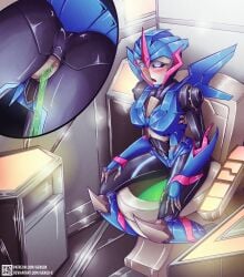 1girls alien alien_girl arcee bathroom blue_eyes blush blushing boobs breasts female female_only gensox medium_breasts peeing piss pissing pussy pussy_focus robot robot_girl robot_humanoid solo solo_female tits transformers transformers_prime vagina wings