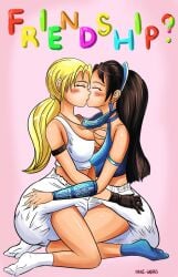 2d 2girls big_breasts black_hair blonde_hair blush breasts diaper diapered_lovers eyes_closed female hand_on_diaper kissing kitana messy_diaper mortal_kombat nani-works sonya_blade yuri