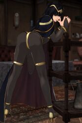 ass black_eyes black_hair bodysuit fire_emblem fire_emblem_awakening futanari hanging_penis heels huge_cock nail_polish penis presenting tharja_(fire_emblem) thlayli