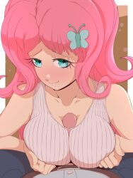 1boy 1girls between_breasts big_breasts blush boobjob breast_grab breasts butterfly_on_hair cleavage equestria_girls female fluttershy_(mlp) friendship_is_magic grabbing green_eyes hair_ornament hasbro highres my_little_pony my_little_pony_equestria_girls paizuri paizuri_under_clothes partial_male penis pink_hair rockset shirt sleeveless smile straight_hair