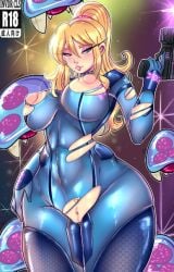 blonde_hair bodysuit color huge_breasts invdrcls metroid metroid_(creature) nintendo nipples no_penetration samus_aran tagme thunder_thighs torn_bodysuit zero_suit_samus